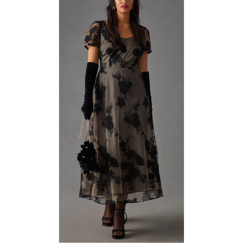 Anthropologie Geisha Designs Floral Appliqué‎ Whimsigoth Midi Dress Size S
